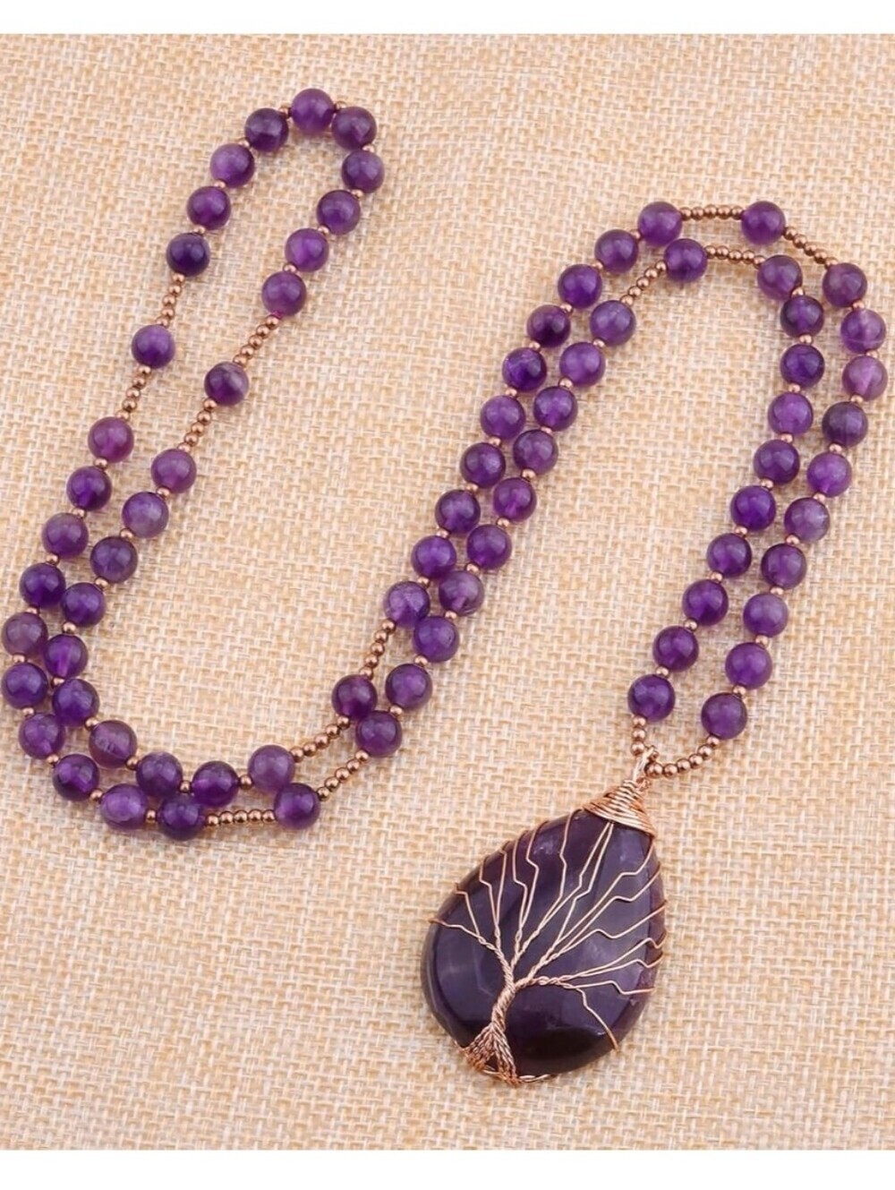 Amethyst Bead Pendant Necklace with Copper Tree Wire Wrap